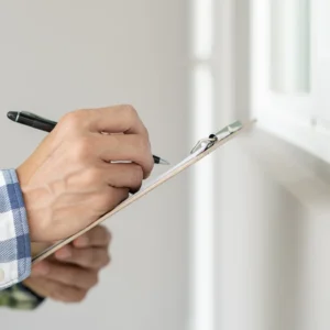 hombre tomando apuntes en una ficha mientras inspecciona una casa
